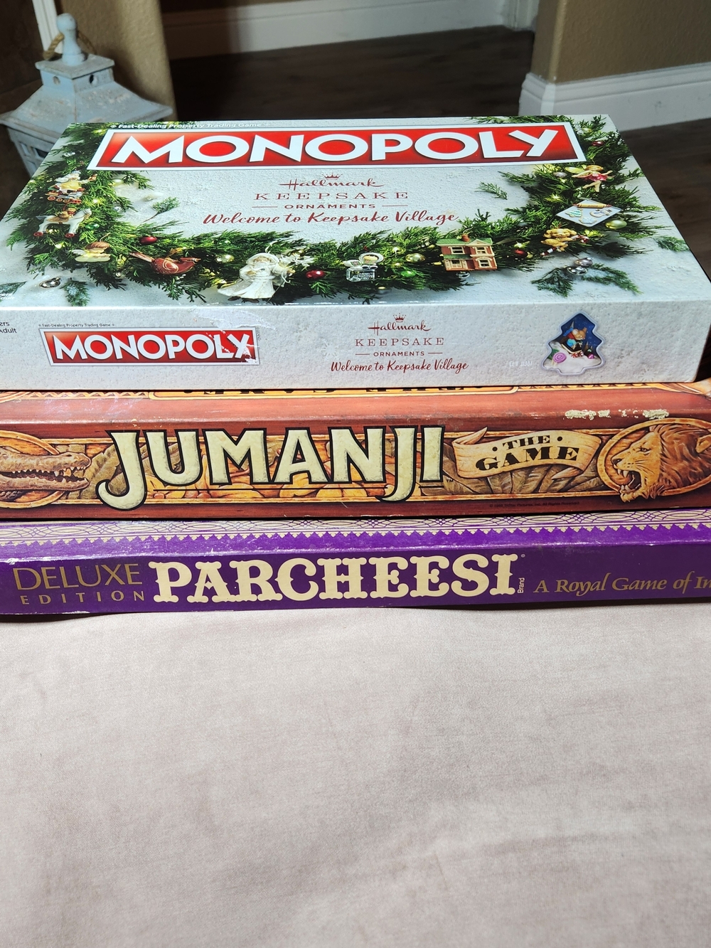 Lot 3 Board Games Monopoly® Hallmark Keepsake Village Edition Jumanji Parcheesi